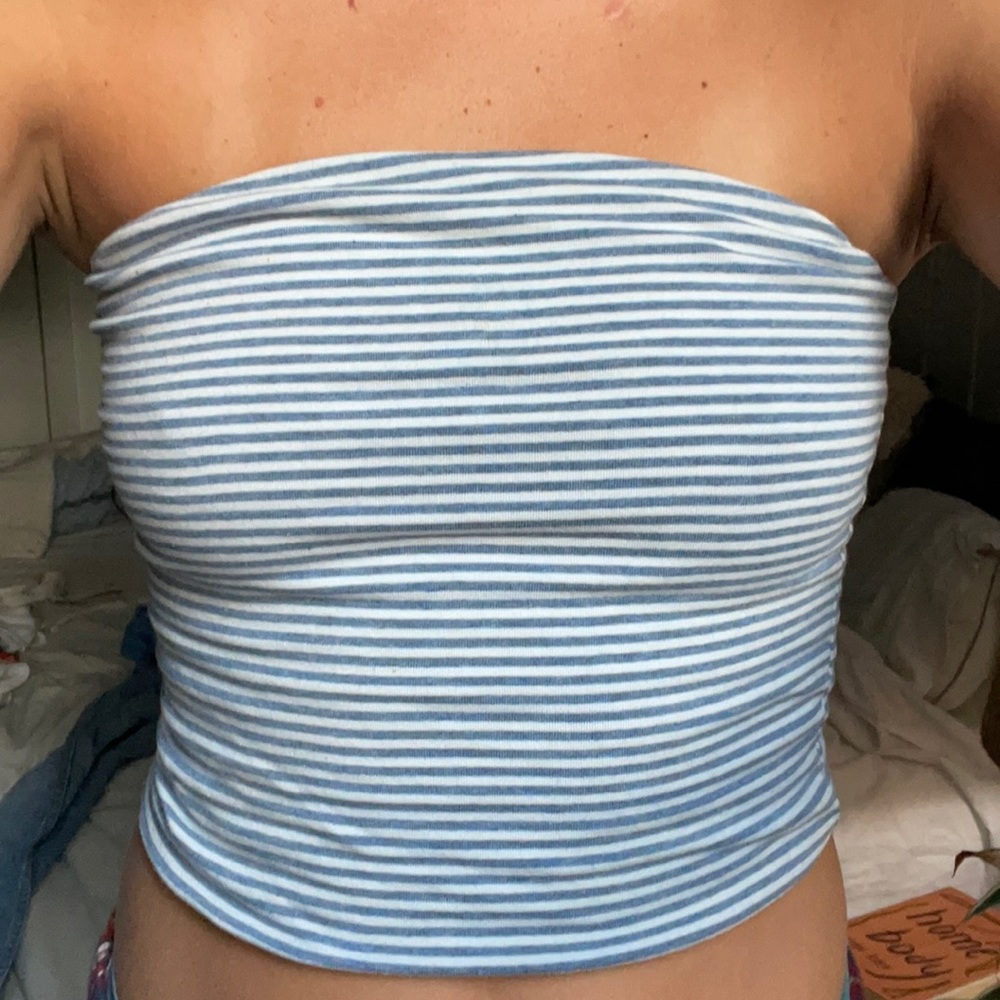 Blue striped strapless crop top